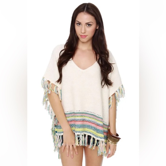 Roxy Knit Serene Morning Fringed High Low Colourful Coastal Poncho Medium/Large - Picture 2 of 15